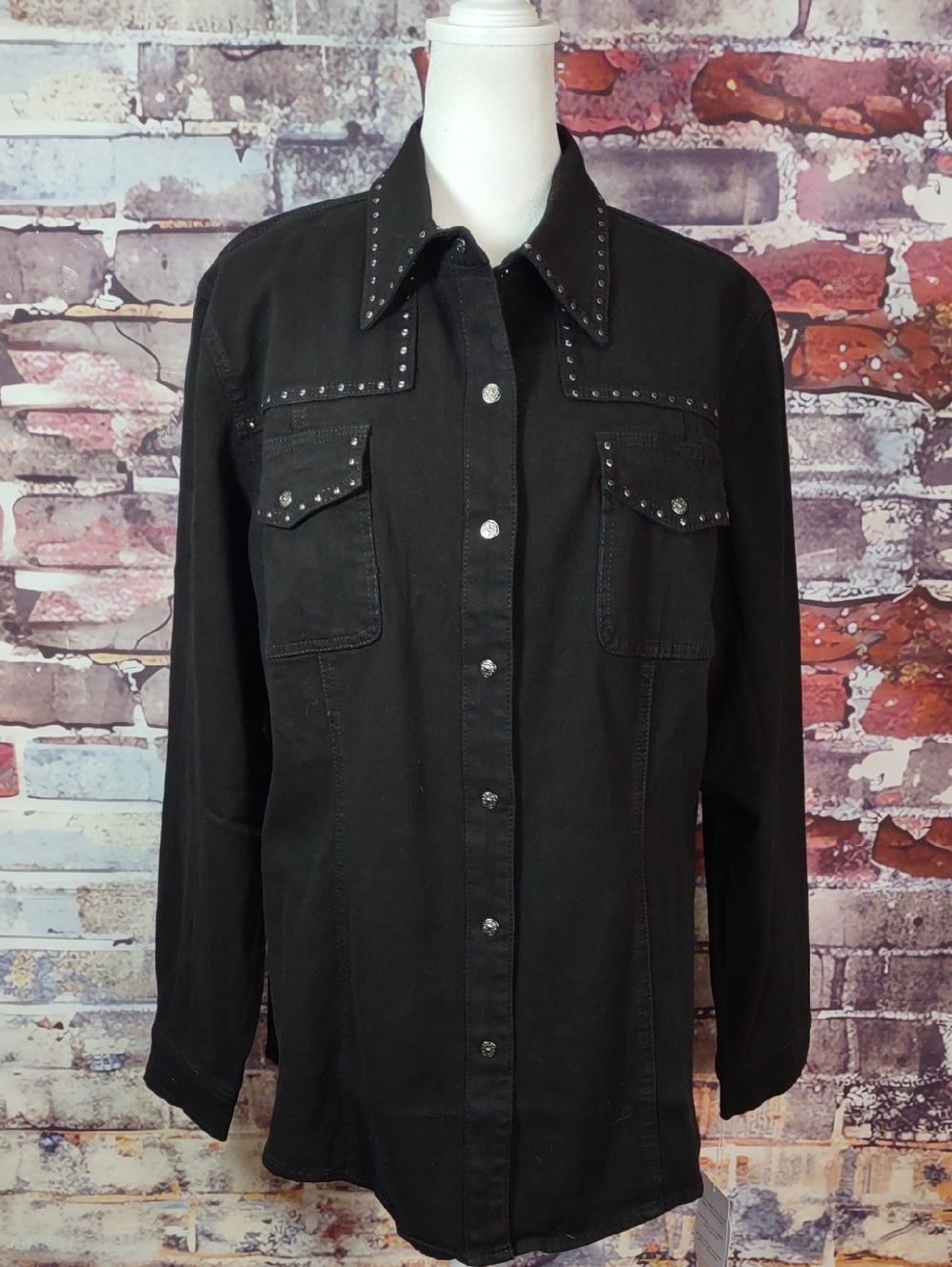 DG2 by Diane Gilman Black Stud-Trim Snap Front Jean Shirt/Jacket